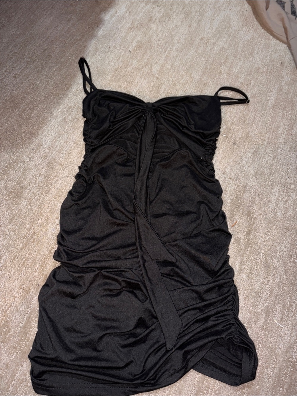 Black Ruched Mini Dress with Tie Detail